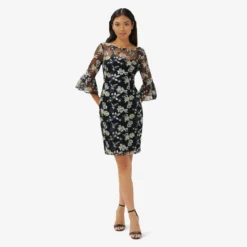Adrianna Papell Floral Embroidered Illusion Short Sheath Dress With Bell Sleeves In Black Multi -Glam Mirth Sales AP1D104845 AA960 Regular Alternate