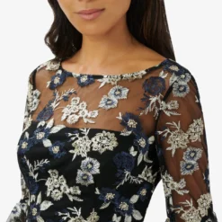 Adrianna Papell Floral Embroidered Illusion Short Sheath Dress With Bell Sleeves In Black Multi -Glam Mirth Sales AP1D104845 AA960 Regular Detail