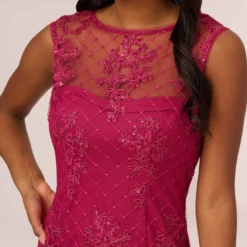 Adrianna Papell Sequin Embroidered Sheath Dress With Sheer Neckline In Dahlia Dusk 8 Adrianna Papell Sequin Embroidered Sheath Dress With Sheer Neckline In Dahlia Dusk -Glam Mirth Sales AP1D104851 AZ670 Regular Detail