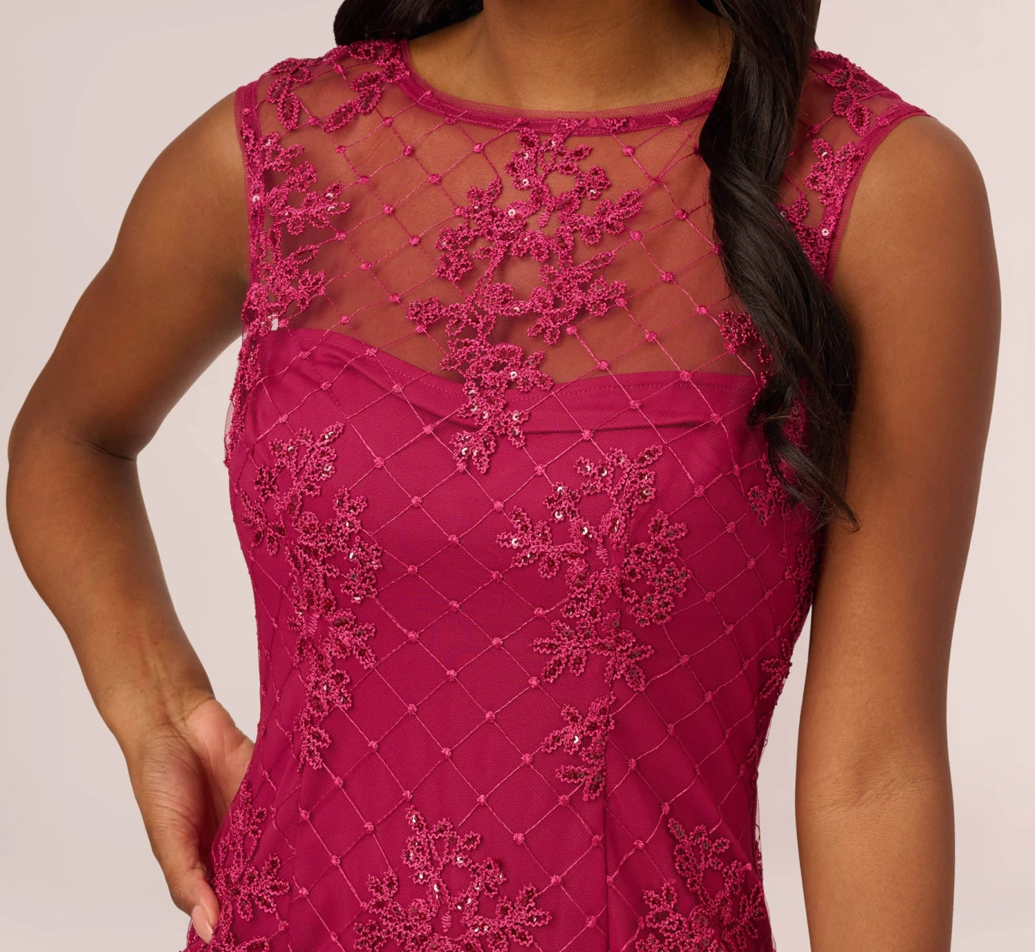 Adrianna Papell Sequin Embroidered Sheath Dress With Sheer Neckline In Dahlia Dusk 3 Adrianna Papell Sequin Embroidered Sheath Dress With Sheer Neckline In Dahlia Dusk - Image 3