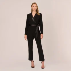 Adrianna Papell Hand-Sequined Crepe Tuxedo Jumpsuit In Black