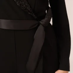 Adrianna Papell Hand-Sequined Crepe Tuxedo Jumpsuit In Black 10 Adrianna Papell Hand-Sequined Crepe Tuxedo Jumpsuit In Black -Glam Mirth Sales AP1D104860 AA002 Regular Lifestyle
