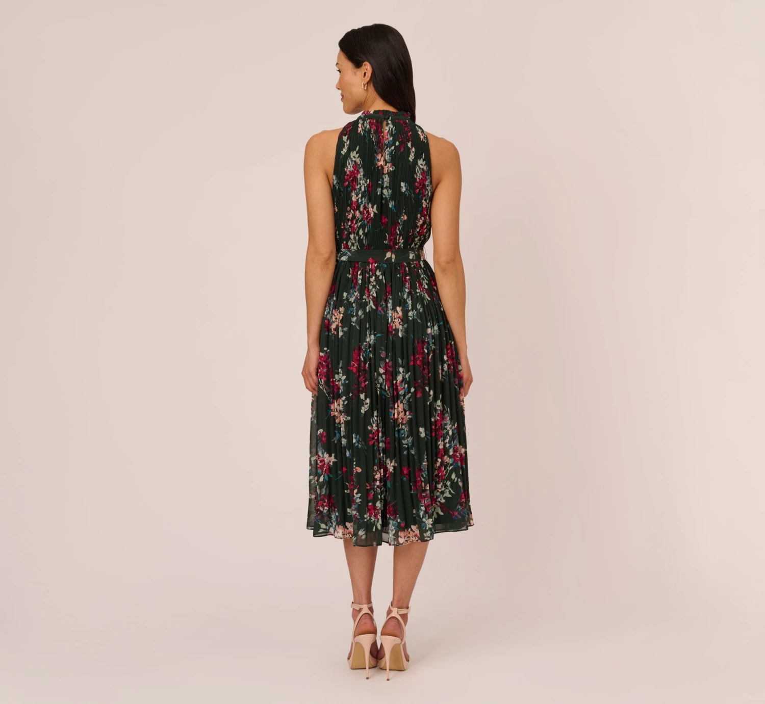 Adrianna Papell Floral Pleated Chiffon Dress With Mock Neckline In Hunter Multi 4 Adrianna Papell Floral Pleated Chiffon Dress With Mock Neckline In Hunter Multi - Image 4