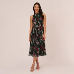 Adrianna Papell Floral Pleated Chiffon Dress With Mock Neckline In Hunter Multi