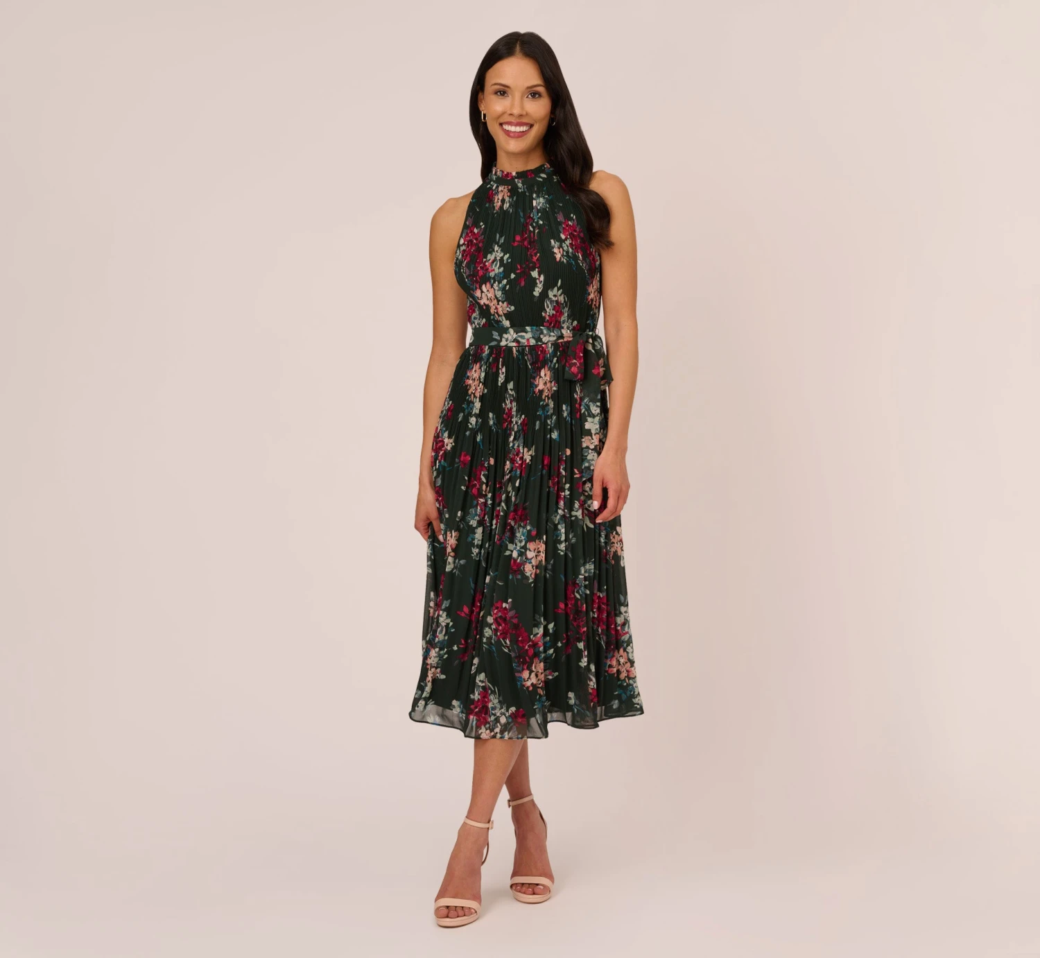Adrianna Papell Floral Pleated Chiffon Dress With Mock Neckline In Hunter Multi 1 Adrianna Papell Floral Pleated Chiffon Dress With Mock Neckline In Hunter Multi