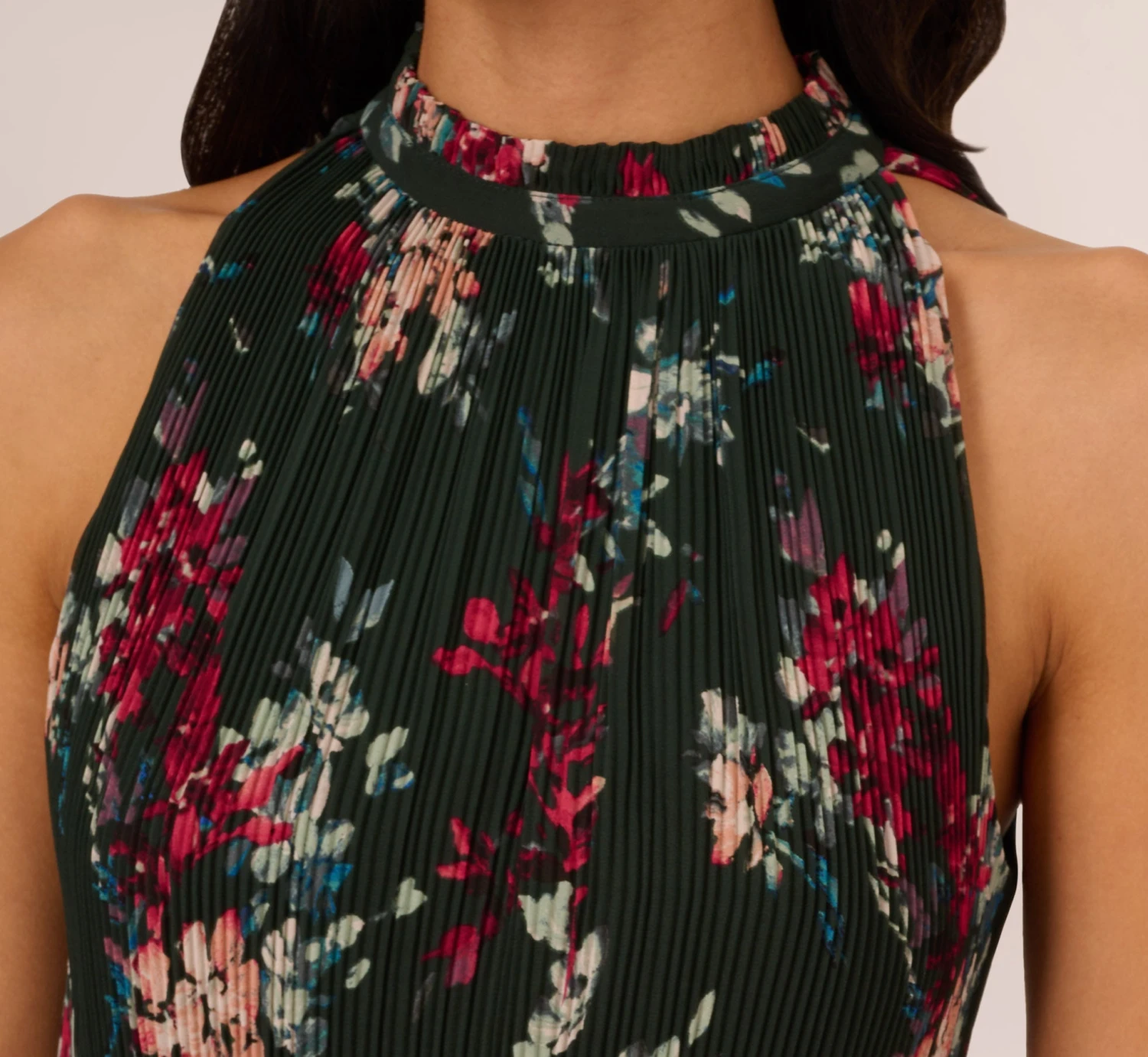 Adrianna Papell Floral Pleated Chiffon Dress With Mock Neckline In Hunter Multi 3 Adrianna Papell Floral Pleated Chiffon Dress With Mock Neckline In Hunter Multi - Image 3