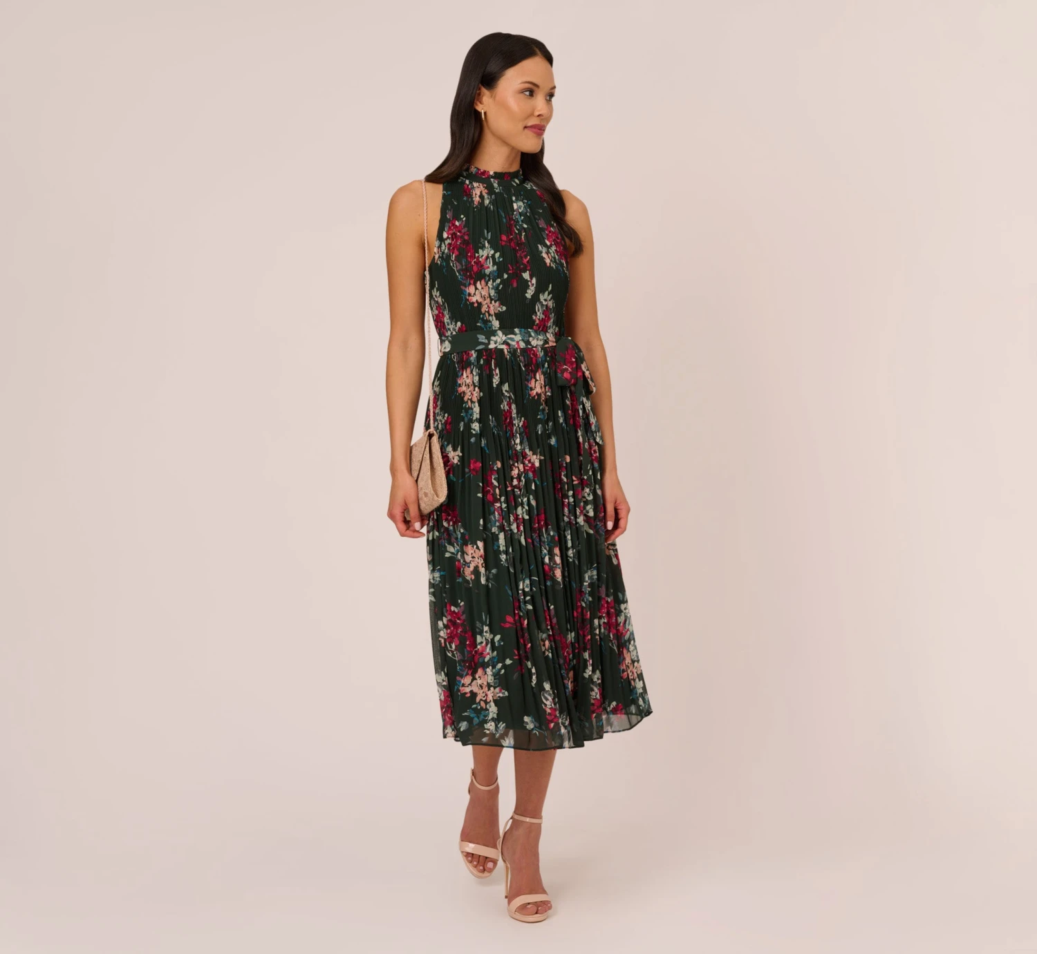 Adrianna Papell Floral Pleated Chiffon Dress With Mock Neckline In Hunter Multi 2 Adrianna Papell Floral Pleated Chiffon Dress With Mock Neckline In Hunter Multi - Image 2