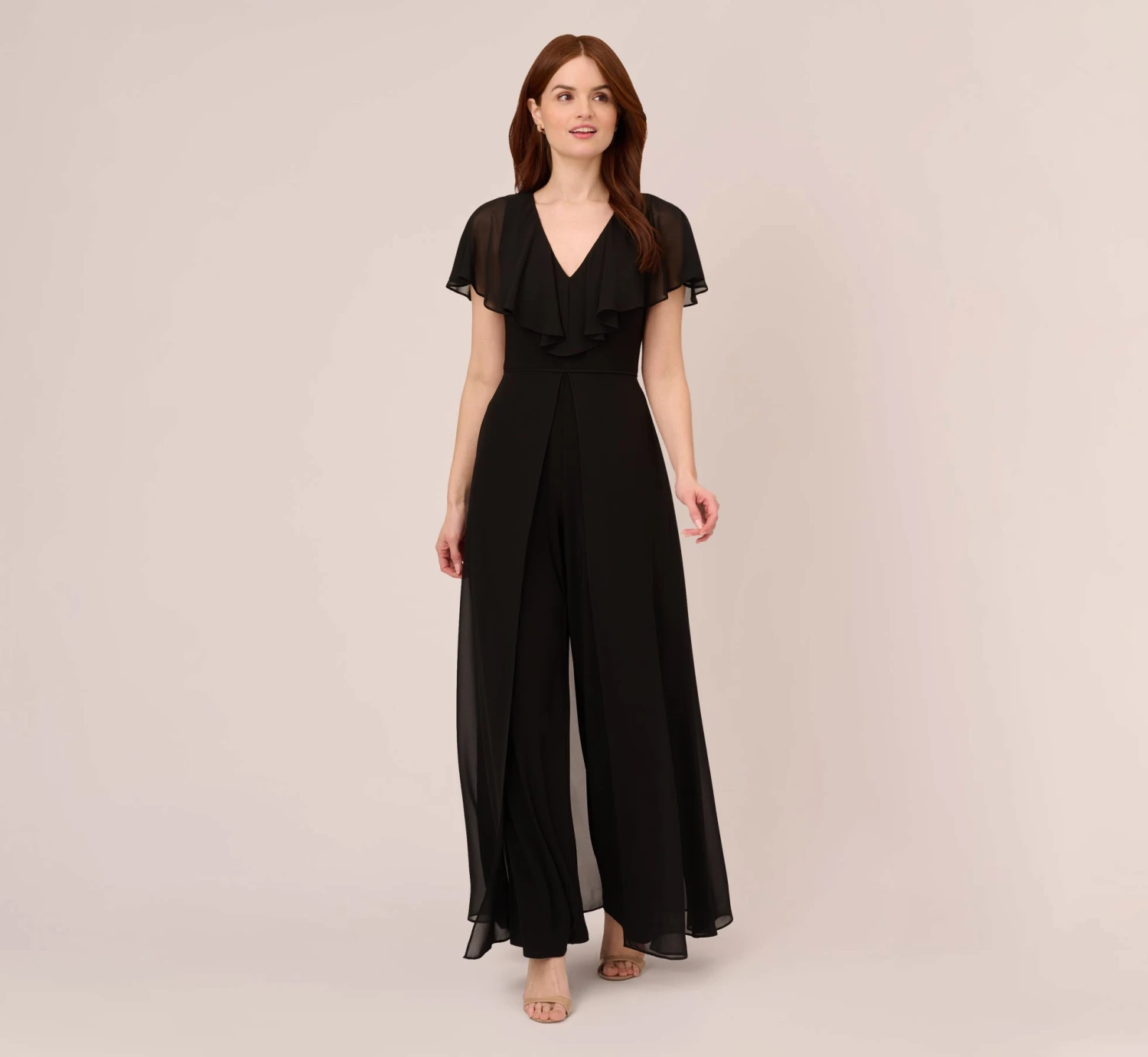 Adrianna Papell Jersey Jumpsuit With Chiffon Capelet And Skirt Overlay In Black 1 Adrianna Papell Jersey Jumpsuit With Chiffon Capelet And Skirt Overlay In Black