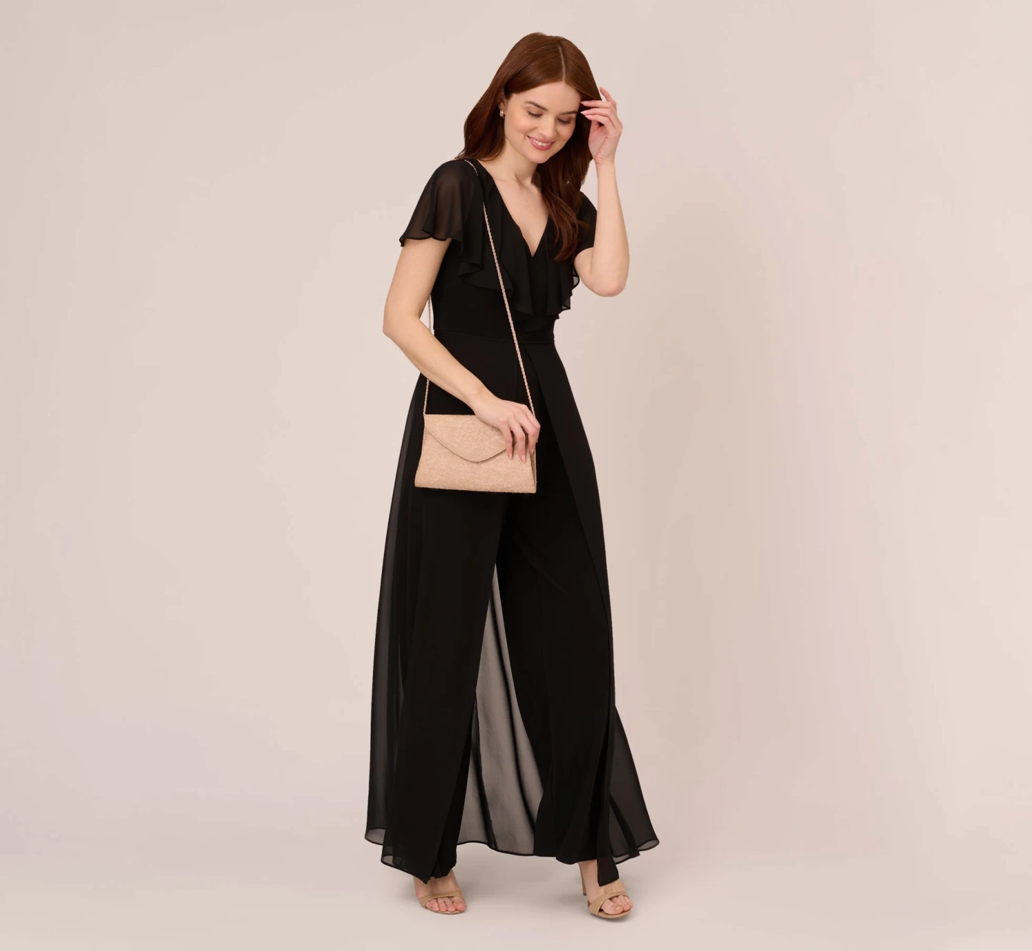 Adrianna Papell Jersey Jumpsuit With Chiffon Capelet And Skirt Overlay In Black 2 Adrianna Papell Jersey Jumpsuit With Chiffon Capelet And Skirt Overlay In Black - Image 2