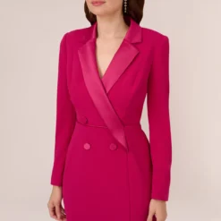 Adrianna Papell Crepe Tuxedo Sheath Dress With Long Sleeves In Rich Magenta -Glam Mirth Sales AP1D104876 AQ670 Regular Detail
