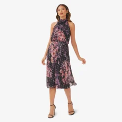 Adrianna Papell Floral-Print Chiffon Short Blouson Halter Dress In Black Multi 8 Adrianna Papell Floral-Print Chiffon Short Blouson Halter Dress In Black Multi -Glam Mirth Sales AP1D104879 AG963 Regular Alternate