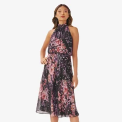 Adrianna Papell Floral-Print Chiffon Short Blouson Halter Dress In Black Multi