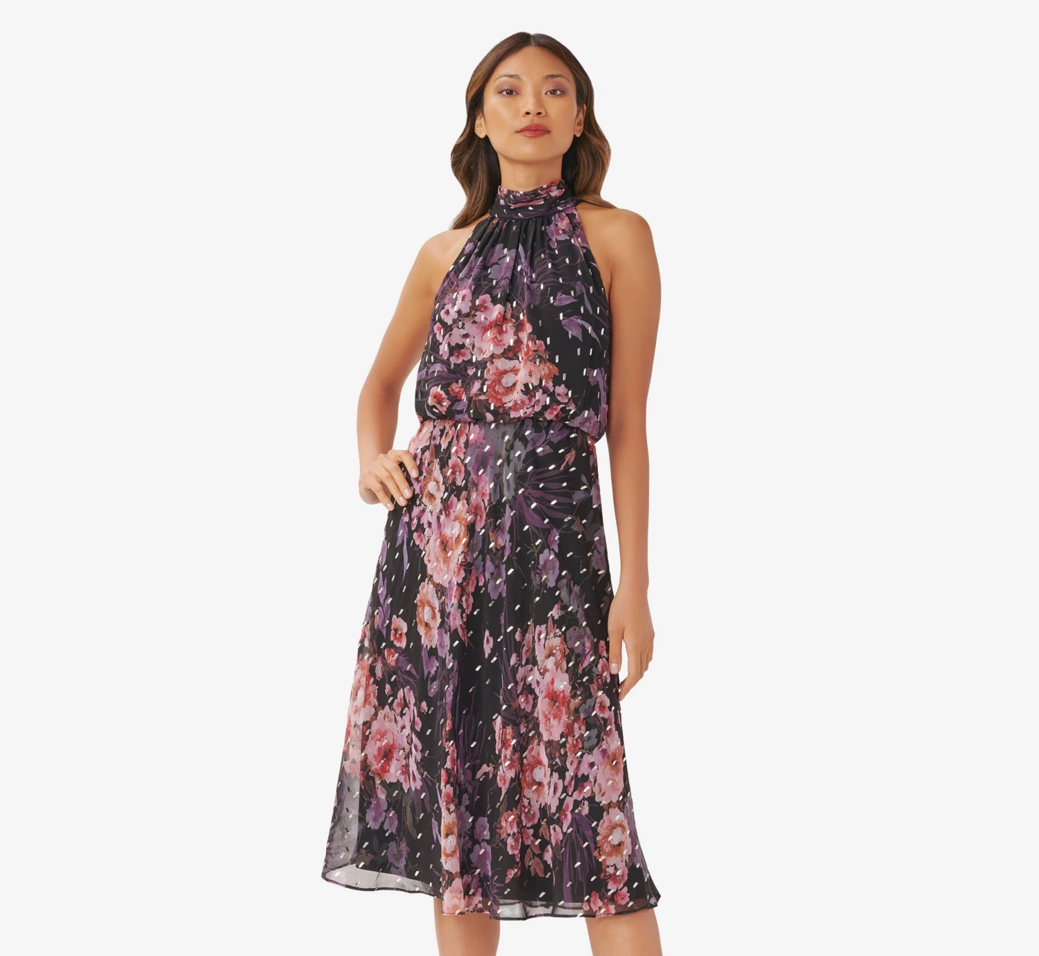 Adrianna Papell Floral-Print Chiffon Short Blouson Halter Dress In Black Multi 1 Adrianna Papell Floral-Print Chiffon Short Blouson Halter Dress In Black Multi