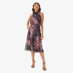 Adrianna Papell Floral-Print Chiffon Short Blouson Halter Dress In Black Multi 9 Adrianna Papell Floral-Print Chiffon Short Blouson Halter Dress In Black Multi -Glam Mirth Sales AP1D104879 AG963 Regular Side