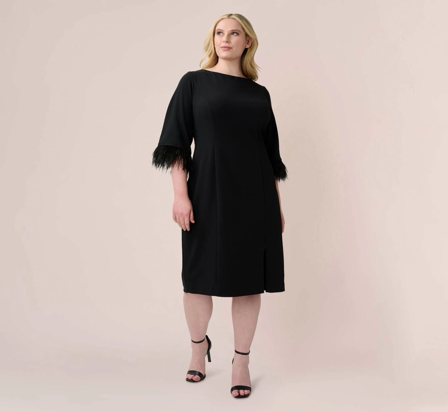 Adrianna Papell Plus Size Crepe Sheath Dress With V-Back And Feather-Trim Sleeves In Black 5 Adrianna Papell Plus Size Crepe Sheath Dress With V-Back And Feather-Trim Sleeves In Black - Image 5