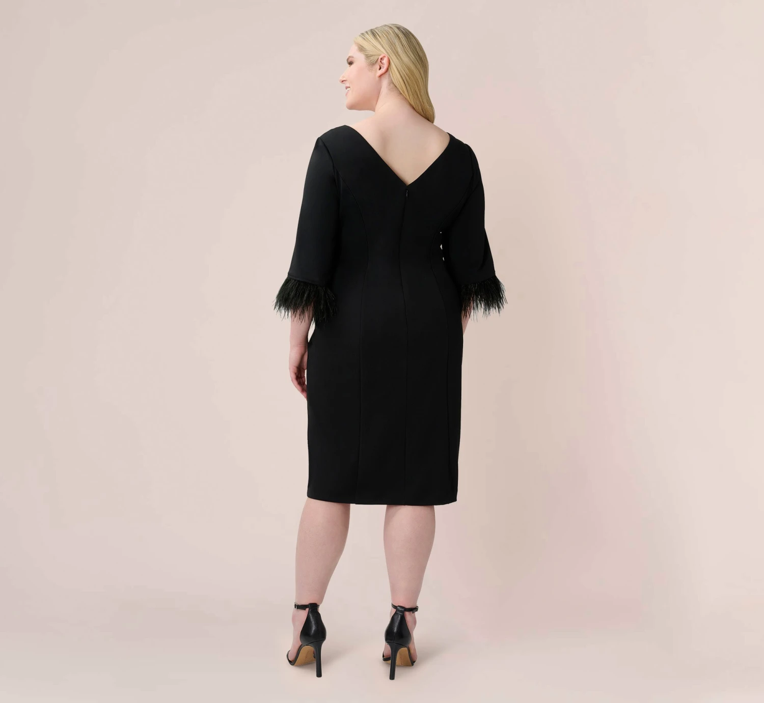 Adrianna Papell Plus Size Crepe Sheath Dress With V-Back And Feather-Trim Sleeves In Black 4 Adrianna Papell Plus Size Crepe Sheath Dress With V-Back And Feather-Trim Sleeves In Black - Image 4