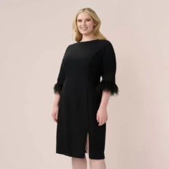 Adrianna Papell Plus Size Crepe Sheath Dress With V-Back And Feather-Trim Sleeves In Black