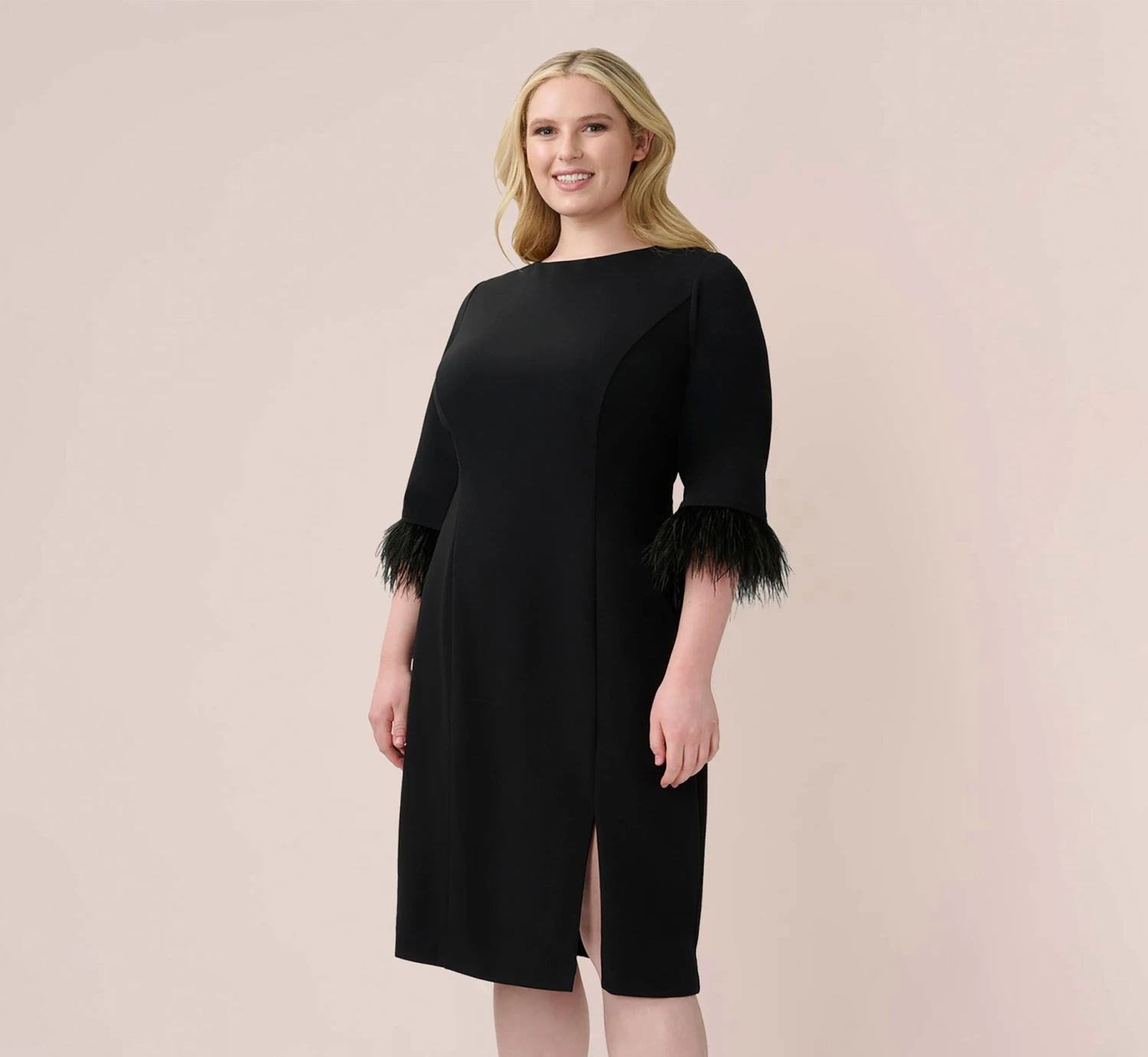 Adrianna Papell Plus Size Crepe Sheath Dress With V-Back And Feather-Trim Sleeves In Black 1 Adrianna Papell Plus Size Crepe Sheath Dress With V-Back And Feather-Trim Sleeves In Black