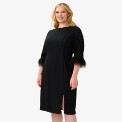 Adrianna Papell Plus Size Crepe Sheath Dress With V-Back And Feather-Trim Sleeves In Black 11 Adrianna Papell Plus Size Crepe Sheath Dress With V-Back And Feather-Trim Sleeves In Black -Glam Mirth Sales AP1D104892 AA002 Plus Default efaf64b8 b4a7 4fd7 b836 6ffd6eef42e9