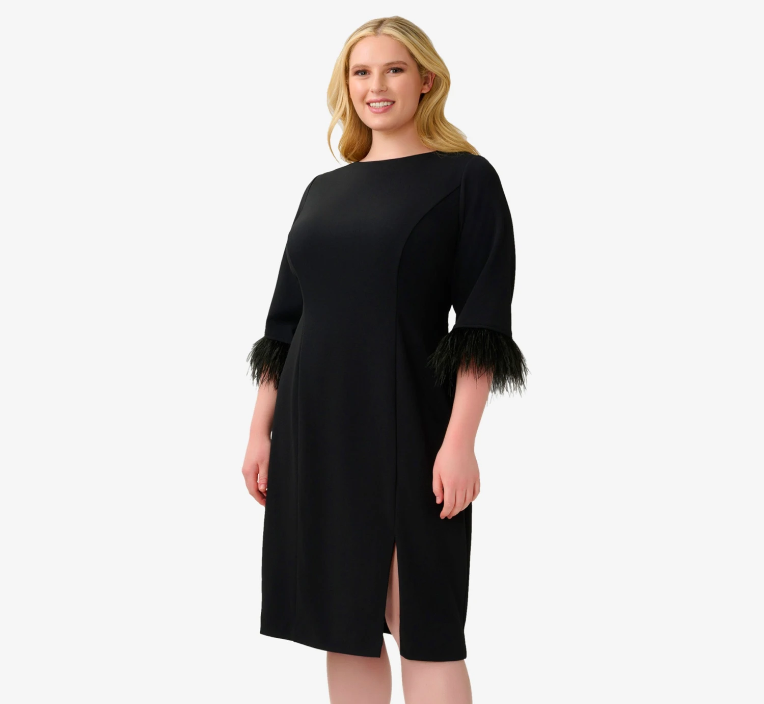 Adrianna Papell Plus Size Crepe Sheath Dress With V-Back And Feather-Trim Sleeves In Black 6 Adrianna Papell Plus Size Crepe Sheath Dress With V-Back And Feather-Trim Sleeves In Black - Image 6