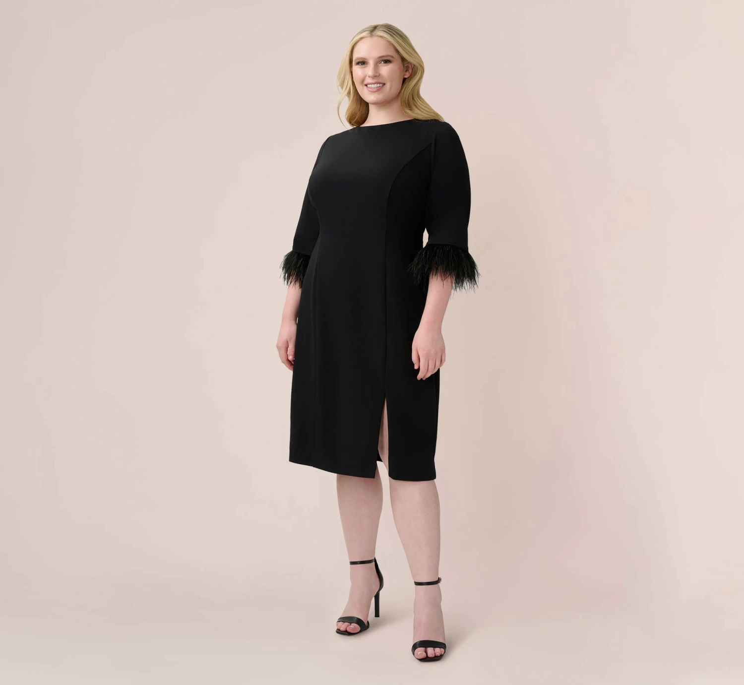 Adrianna Papell Plus Size Crepe Sheath Dress With V-Back And Feather-Trim Sleeves In Black 2 Adrianna Papell Plus Size Crepe Sheath Dress With V-Back And Feather-Trim Sleeves In Black - Image 2