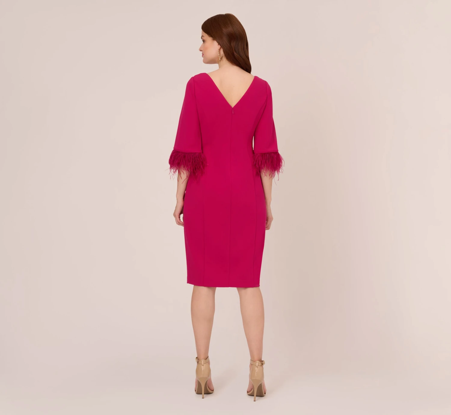 Adrianna Papell Crepe Sheath Dress With V-Back And Feather-Trim Sleeves In Rich Magenta 4 Adrianna Papell Crepe Sheath Dress With V-Back And Feather-Trim Sleeves In Rich Magenta - Image 4