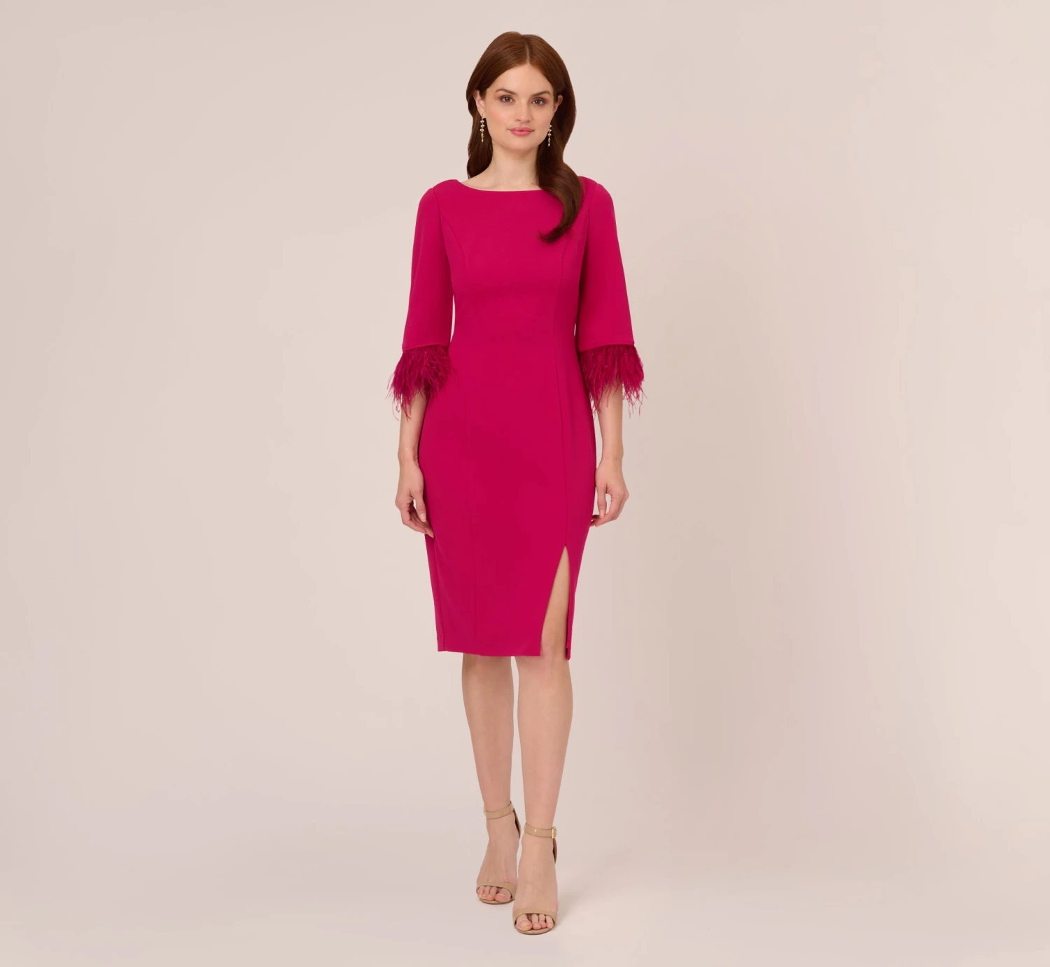 Adrianna Papell Crepe Sheath Dress With V-Back And Feather-Trim Sleeves In Rich Magenta 1 Adrianna Papell Crepe Sheath Dress With V-Back And Feather-Trim Sleeves In Rich Magenta