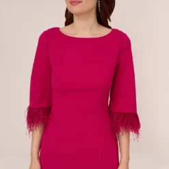 Adrianna Papell Crepe Sheath Dress With V-Back And Feather-Trim Sleeves In Rich Magenta 8 Adrianna Papell Crepe Sheath Dress With V-Back And Feather-Trim Sleeves In Rich Magenta -Glam Mirth Sales AP1D104892 AQ670 Regular Detail