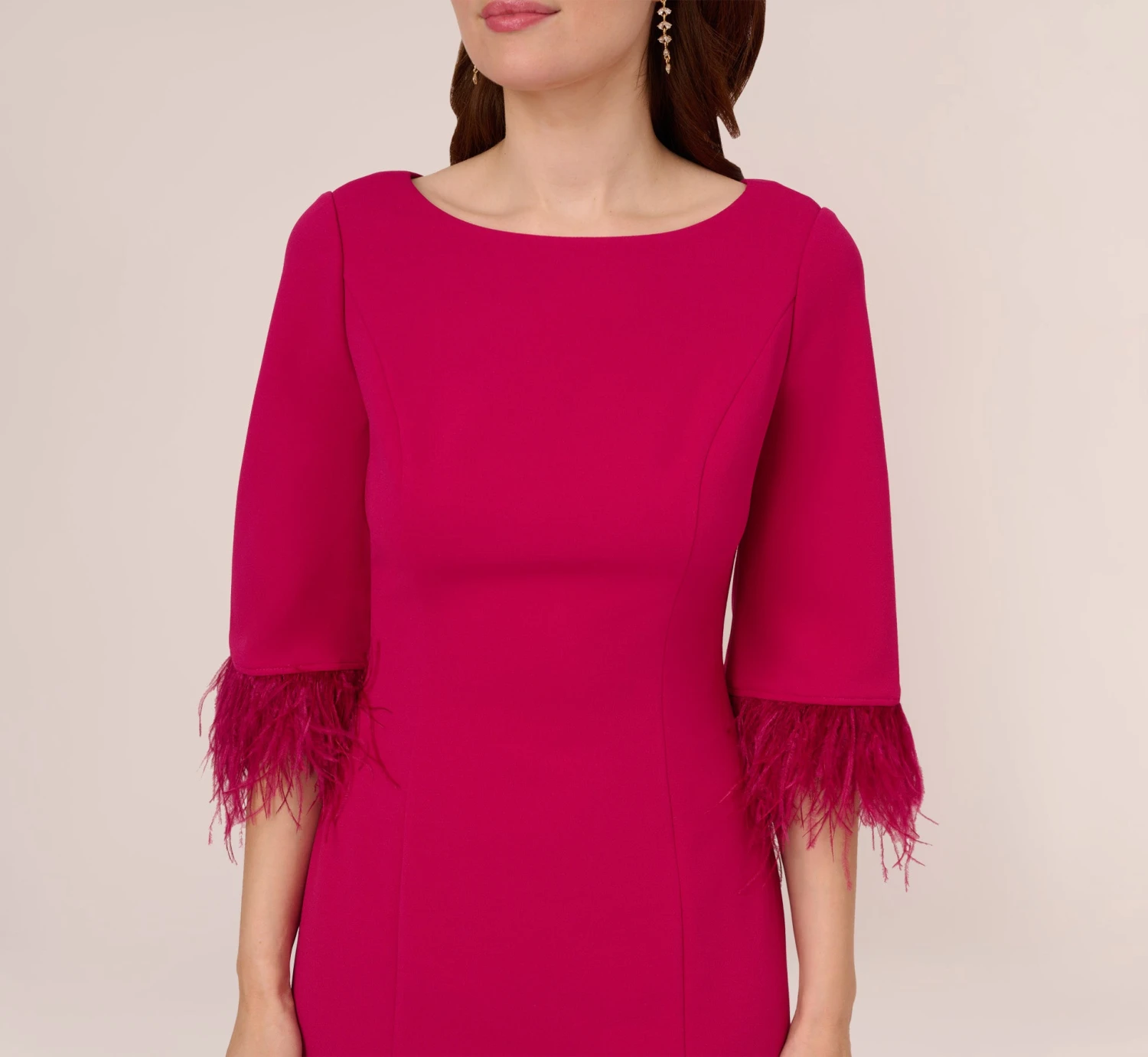 Adrianna Papell Crepe Sheath Dress With V-Back And Feather-Trim Sleeves In Rich Magenta 3 Adrianna Papell Crepe Sheath Dress With V-Back And Feather-Trim Sleeves In Rich Magenta - Image 3