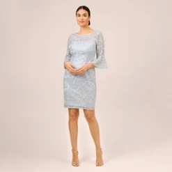 Adrianna Papell Sequined And Guipure Lace Illusion Short Sheath Cocktail Dress In Skyway