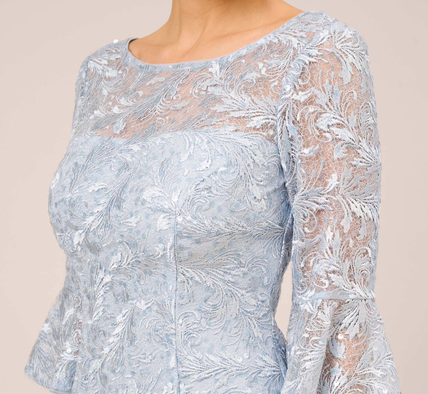 Adrianna Papell Sequined And Guipure Lace Illusion Short Sheath Cocktail Dress In Skyway 4 Adrianna Papell Sequined And Guipure Lace Illusion Short Sheath Cocktail Dress In Skyway - Image 4