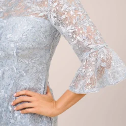 Adrianna Papell Sequined And Guipure Lace Illusion Short Sheath Cocktail Dress In Skyway 9 Adrianna Papell Sequined And Guipure Lace Illusion Short Sheath Cocktail Dress In Skyway -Glam Mirth Sales AP1D104894 AC459 Regular Side