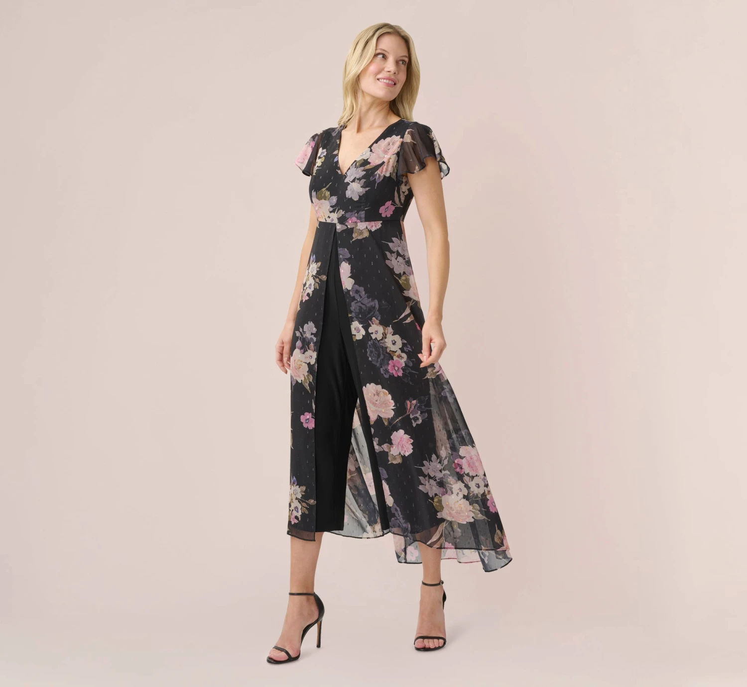 Adrianna Papell Metallic Floral-Print Chiffon And Jersey Cropped Jumpsuit With Overlay In Black Multi 2 Adrianna Papell Metallic Floral-Print Chiffon And Jersey Cropped Jumpsuit With Overlay In Black Multi - Image 2