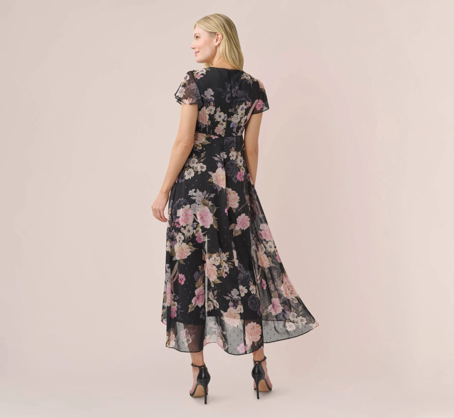 Adrianna Papell Metallic Floral-Print Chiffon And Jersey Cropped Jumpsuit With Overlay In Black Multi 4 Adrianna Papell Metallic Floral-Print Chiffon And Jersey Cropped Jumpsuit With Overlay In Black Multi - Image 4