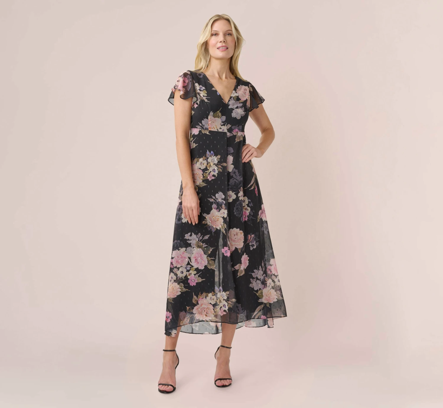 Adrianna Papell Metallic Floral-Print Chiffon And Jersey Cropped Jumpsuit With Overlay In Black Multi 1 Adrianna Papell Metallic Floral-Print Chiffon And Jersey Cropped Jumpsuit With Overlay In Black Multi