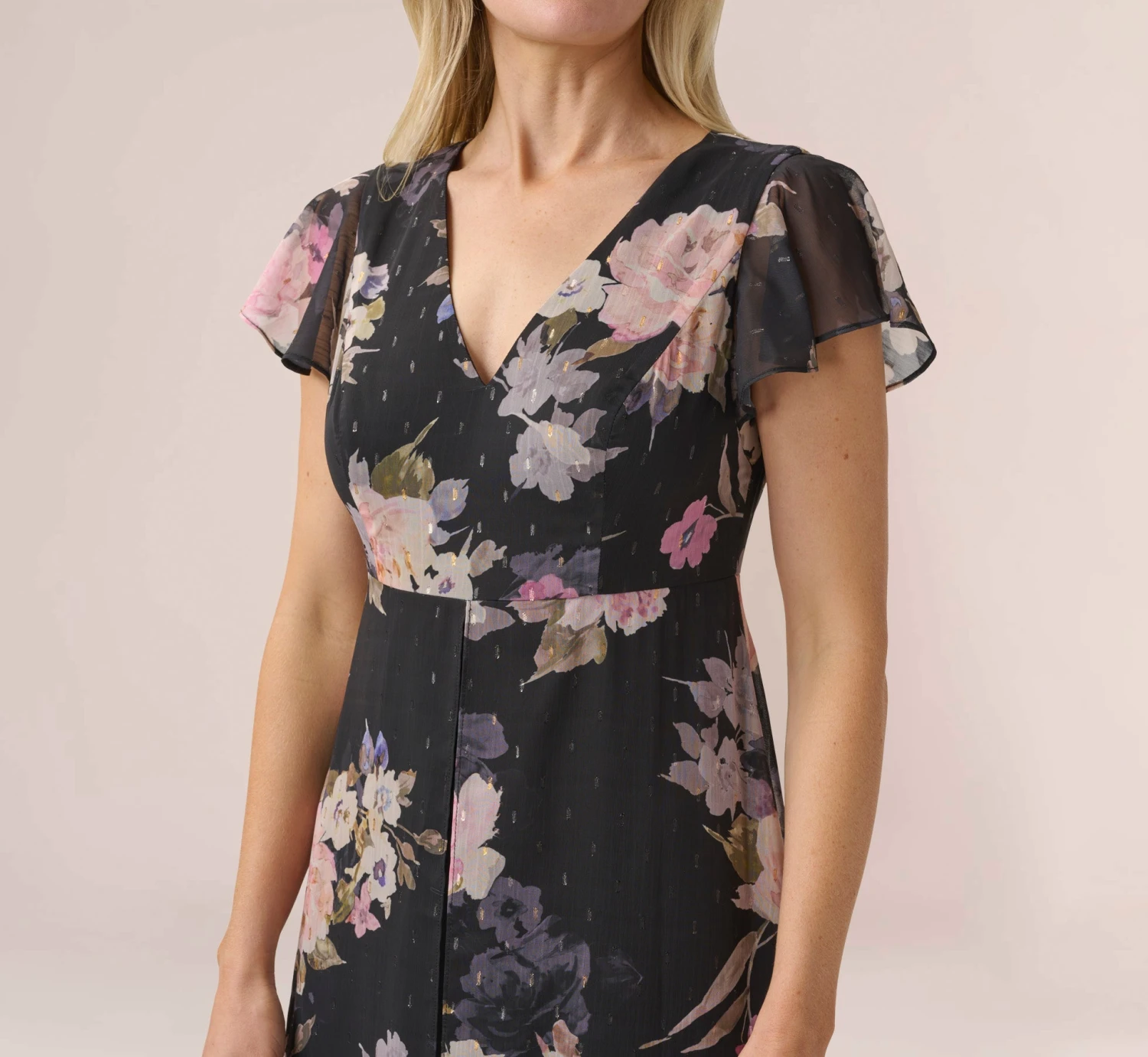 Adrianna Papell Metallic Floral-Print Chiffon And Jersey Cropped Jumpsuit With Overlay In Black Multi 3 Adrianna Papell Metallic Floral-Print Chiffon And Jersey Cropped Jumpsuit With Overlay In Black Multi - Image 3