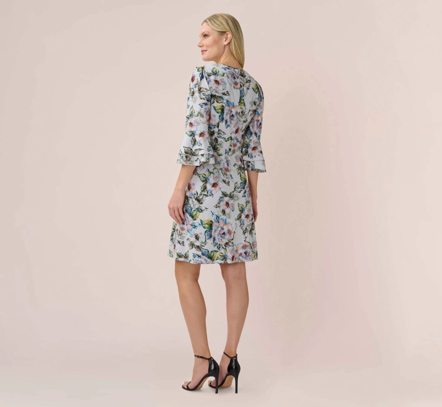 Adrianna Papell Floral-Print Stretch Chiffon Short Fit-And-Flare Dress In Grey Multi 4 Adrianna Papell Floral-Print Stretch Chiffon Short Fit-And-Flare Dress In Grey Multi - Image 4