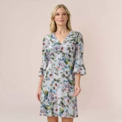 Adrianna Papell Floral-Print Stretch Chiffon Short Fit-And-Flare Dress In Grey Multi