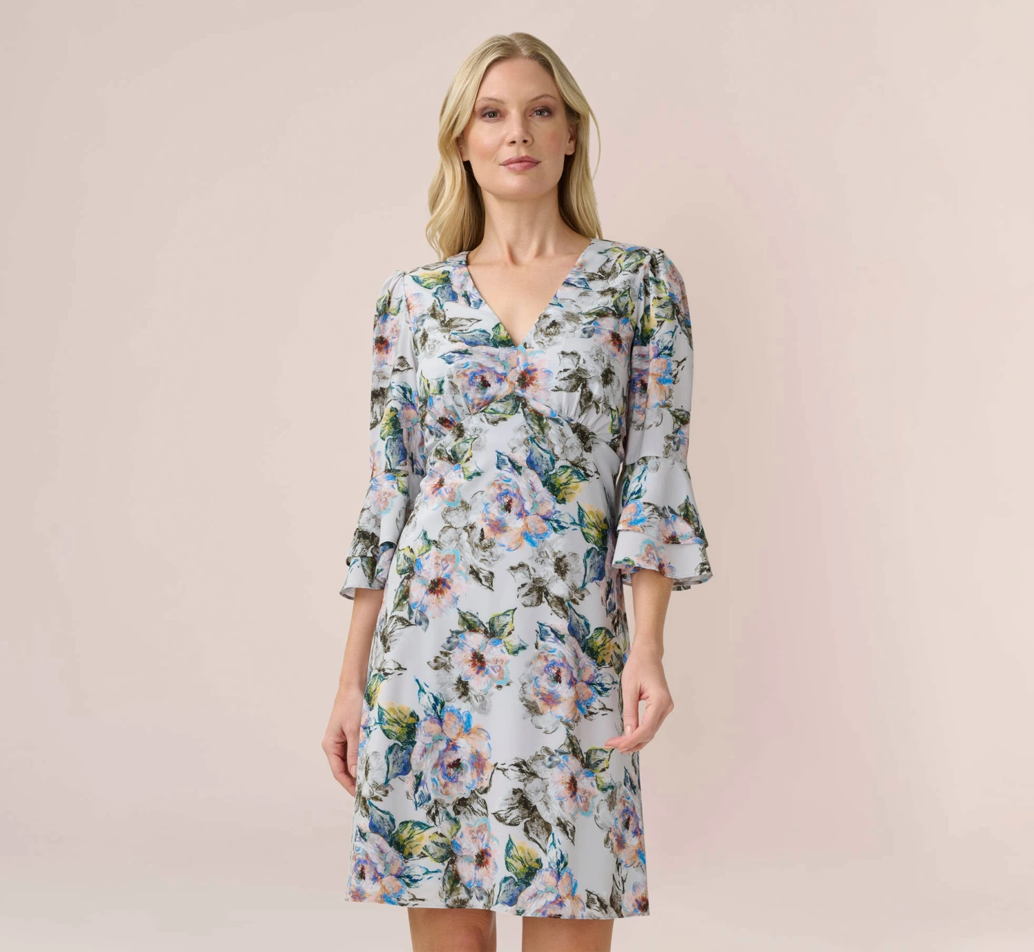 Adrianna Papell Floral-Print Stretch Chiffon Short Fit-And-Flare Dress In Grey Multi 1 Adrianna Papell Floral-Print Stretch Chiffon Short Fit-And-Flare Dress In Grey Multi