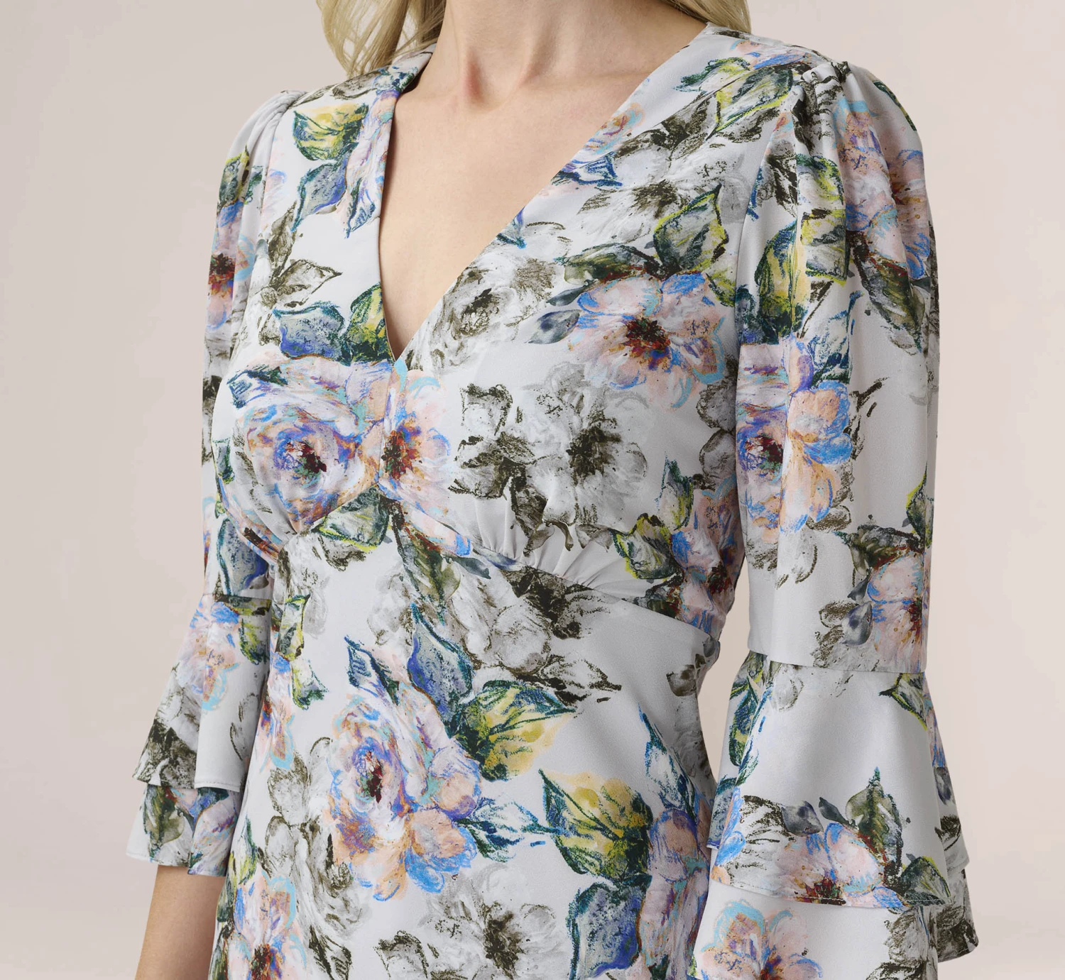 Adrianna Papell Floral-Print Stretch Chiffon Short Fit-And-Flare Dress In Grey Multi 2 Adrianna Papell Floral-Print Stretch Chiffon Short Fit-And-Flare Dress In Grey Multi - Image 2