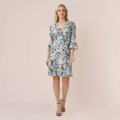 Adrianna Papell Floral-Print Stretch Chiffon Short Fit-And-Flare Dress In Grey Multi 8 Adrianna Papell Floral-Print Stretch Chiffon Short Fit-And-Flare Dress In Grey Multi -Glam Mirth Sales AP1D104902 AF090 Regular Side