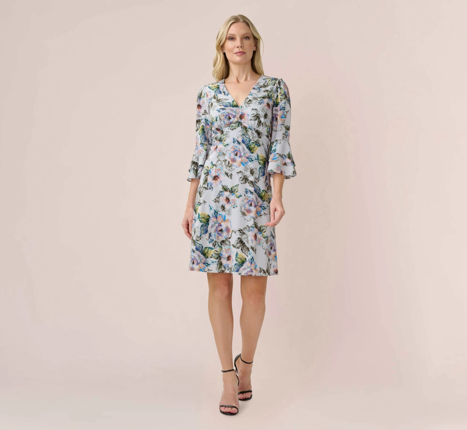 Adrianna Papell Floral-Print Stretch Chiffon Short Fit-And-Flare Dress In Grey Multi 3 Adrianna Papell Floral-Print Stretch Chiffon Short Fit-And-Flare Dress In Grey Multi - Image 3