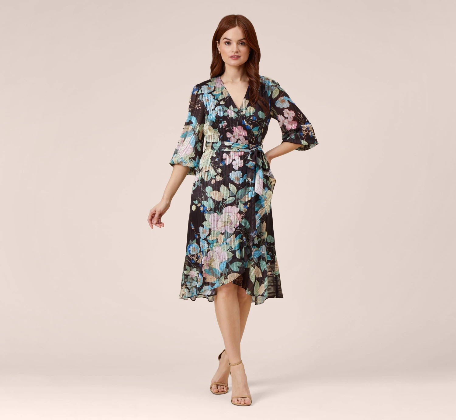 Adrianna Papell Floral Print Chiffon Short Faux Wrap Dress In Black Multi 2 Adrianna Papell Floral Print Chiffon Short Faux Wrap Dress In Black Multi - Image 2