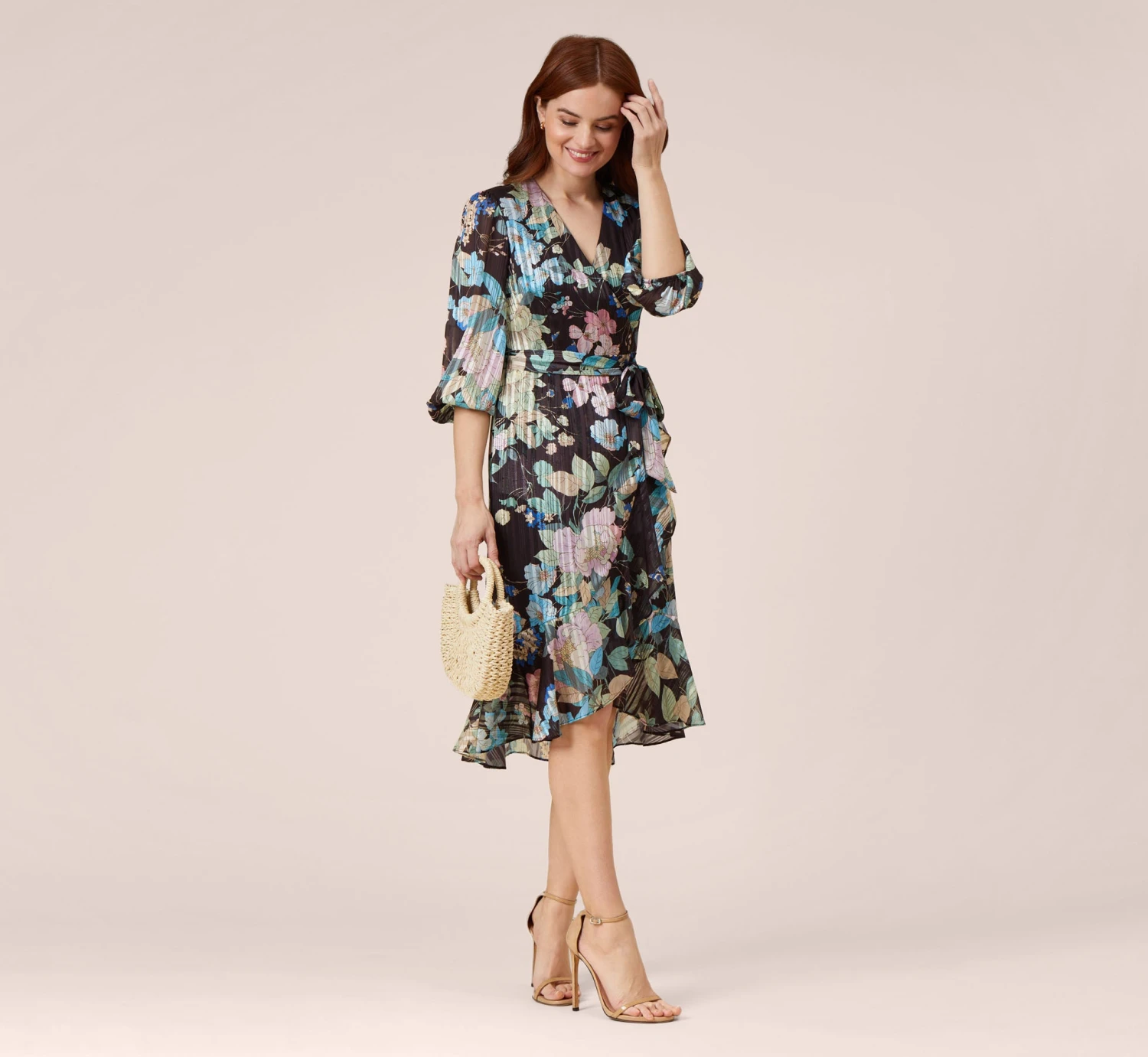 Adrianna Papell Floral Print Chiffon Short Faux Wrap Dress In Black Multi 1 Adrianna Papell Floral Print Chiffon Short Faux Wrap Dress In Black Multi