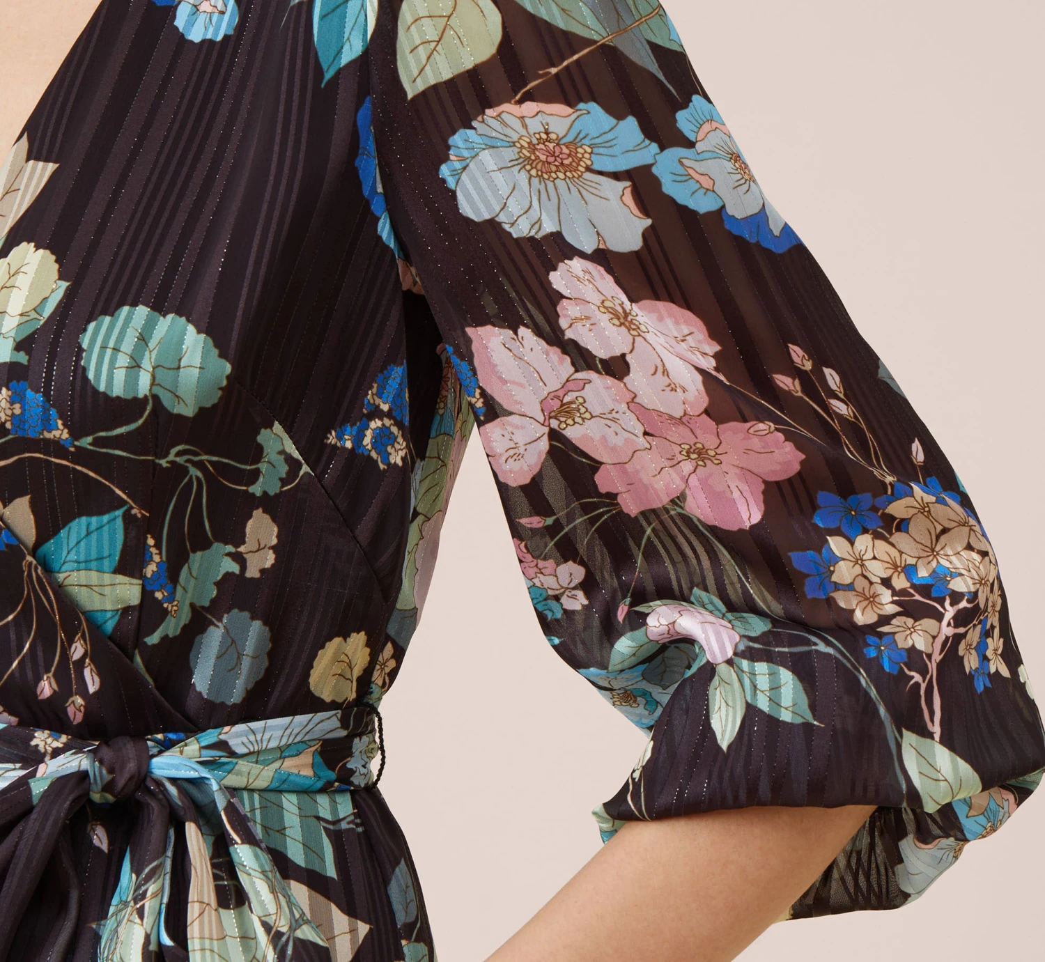 Adrianna Papell Floral Print Chiffon Short Faux Wrap Dress In Black Multi 3 Adrianna Papell Floral Print Chiffon Short Faux Wrap Dress In Black Multi - Image 3