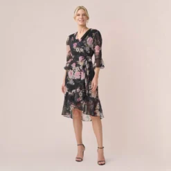 Adrianna Papell Metallic Floral-Print Chiffon Short Wrap Dress In Black Multi 10 Adrianna Papell Metallic Floral-Print Chiffon Short Wrap Dress In Black Multi -Glam Mirth Sales AP1D104917 AA963 Regular Default