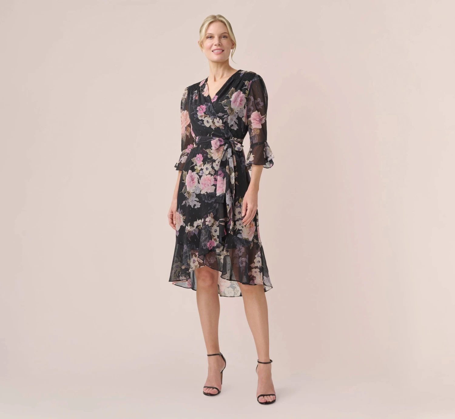 Adrianna Papell Metallic Floral-Print Chiffon Short Wrap Dress In Black Multi 4 Adrianna Papell Metallic Floral-Print Chiffon Short Wrap Dress In Black Multi - Image 4
