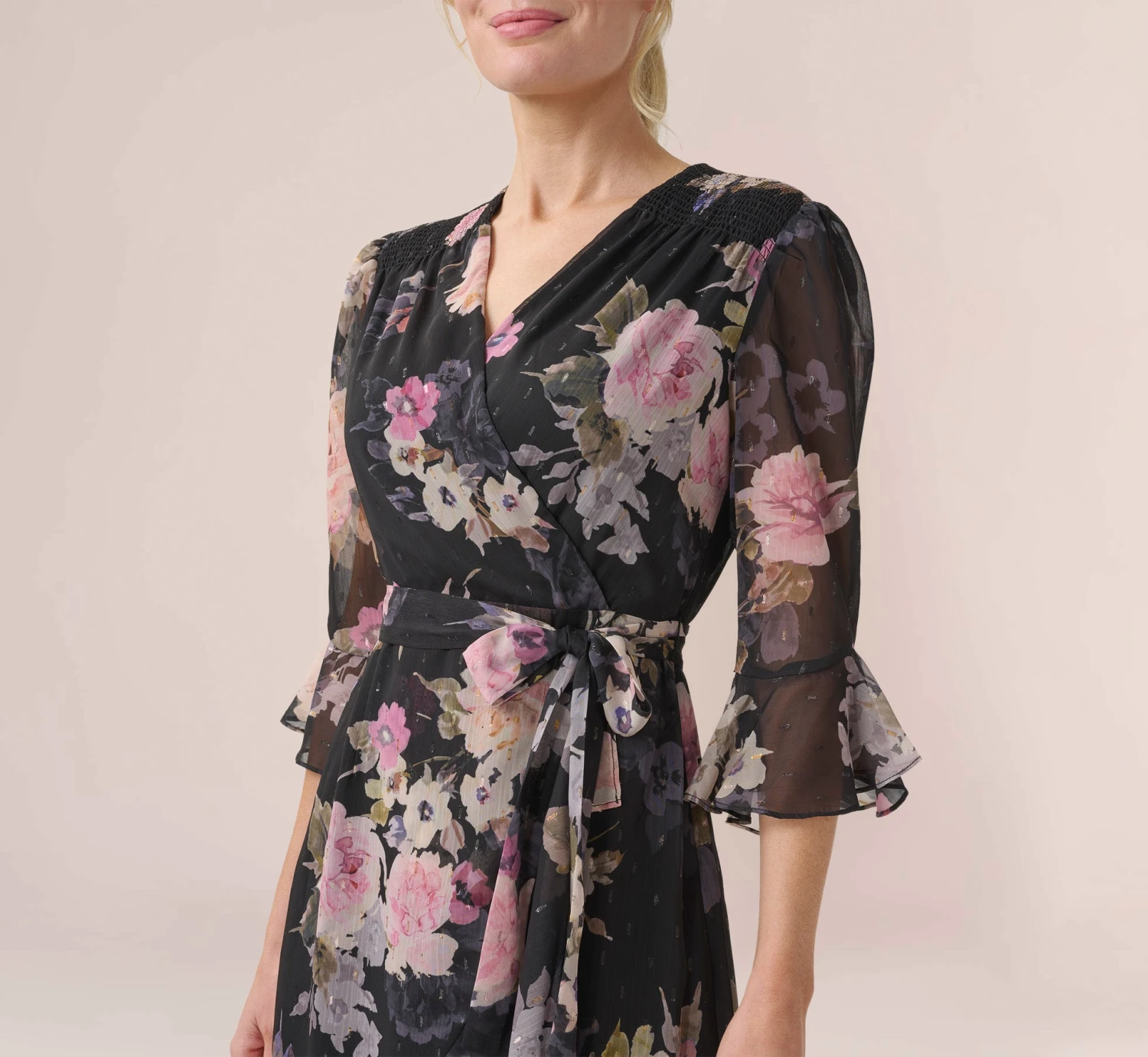 Adrianna Papell Metallic Floral-Print Chiffon Short Wrap Dress In Black Multi 3 Adrianna Papell Metallic Floral-Print Chiffon Short Wrap Dress In Black Multi - Image 3