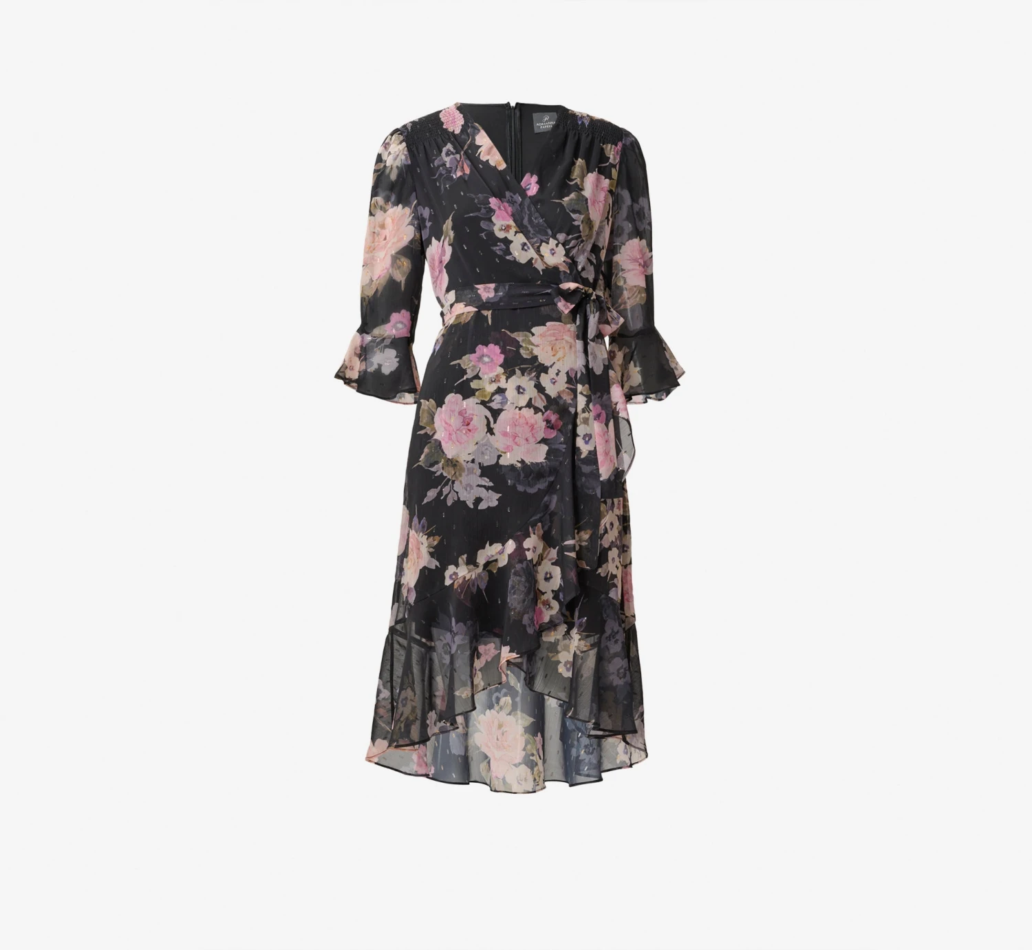 Adrianna Papell Metallic Floral-Print Chiffon Short Wrap Dress In Black Multi 7 Adrianna Papell Metallic Floral-Print Chiffon Short Wrap Dress In Black Multi - Image 7
