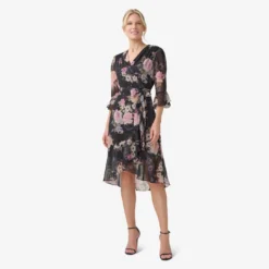 Adrianna Papell Metallic Floral-Print Chiffon Short Wrap Dress In Black Multi 12 Adrianna Papell Metallic Floral-Print Chiffon Short Wrap Dress In Black Multi -Glam Mirth Sales AP1D104917 AA963 Regular Side